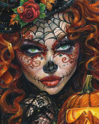 Vista 12 de Pintura por números retrato de niña con sombrero de mago Tucocoo, pintura DIY en lienzo con pinceles, pinturas acrílicas, calabaza de Halloween