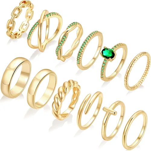 Vista 7 de FAXHION 12 piezas de anillos delicados de oro de 14 quilates para mujer, diseños cruzados de diamante simulado con giro grueso abierto de eternidad