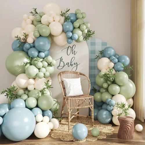 Vista 8 de Kit de arco de globos verde salvia azul pastel, 124 piezas de globos macarón amarillo blanco verde para decoraciones de cumpleaños de ganso, género