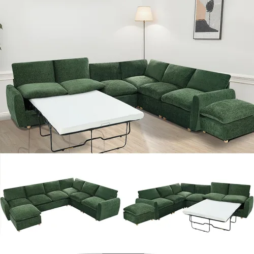 Vista 10 de Sofá extraíble en forma de L con cama cama y otomana de almacenamiento, sofá modular de felpilla para sala de estar, sofá modular en forma de L