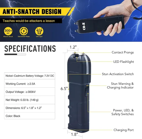 Vista 3 de DARTMOOR Pistola aturdidora de 300,000 V ultrapotente tamaño de teléfono recargable para hombres y mujeres con placas de choque laterales para coche