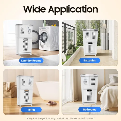 Vista 9 de Cesta de lavandería con ruedas extraíbles, herramienta de lavandería de 3 niveles para baño, sala de estar, dormitorio, de pie, grande, de mano