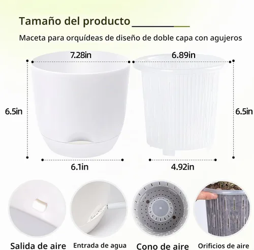 Vista 2 de QCQHDU Paquete de 2 macetas de orquídeas de 7.2 pulgadas con agujeros para trasplantar, maceta de orquídea de doble capa y riego automático