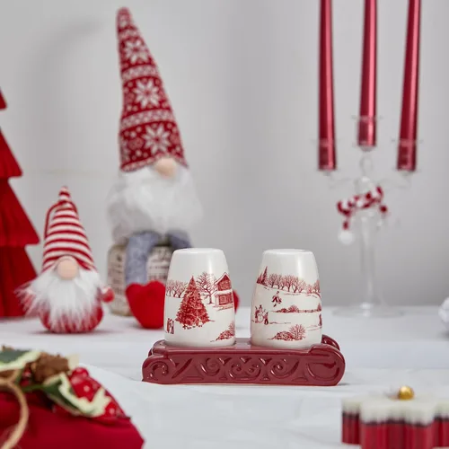 Vista 5 de Bico Toile De Jouy Winter Wonderland - Juego de salero y pimentero con soporte para trineo, coctelera de cerámica pintada a mano con soporte