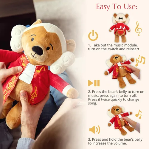 Vista 5 de Amadeus Mozart Oso de Peluche – Reproduce 40 Minutos de Música Clásica, Oso de Peluche Interactivo Educativo y Tranquilizante para Bebés y Niños