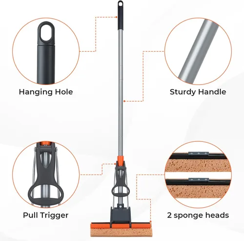 Vista 5 de Trapeadores de esponja para limpieza de pisos con 2 recargas de cabezal de mopa de celulosa y mango largo de 55”, trapeador de rodillo resistente