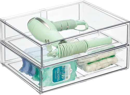 Vista 7 de mDesign - Contenedores organizadores de almacenamiento apilables de plástico para baño con cajón frontal extraíble para encimera de baño, tocador