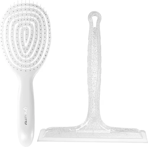 Vista 11 de Escobilla de ducha de silicona multiusos para puerta de cristal de ducha, con 2 ganchos y mini escobilla rosa, para vidrio de baño, automóvil, pared