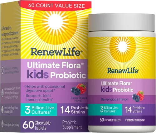 Vista 9 de Renew Life Kids Probióticos masticables, apoya la salud digestiva e inmune, prebióticos y probióticos, frambuesa, 30 tabletas masticables