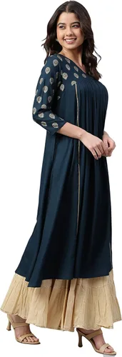Vista 5 de Janasya Kurta de rayón verde azulado para mujer india