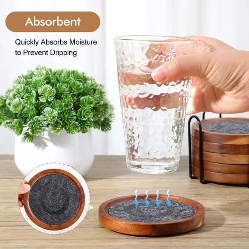 Vista 3 de Posavasos de madera de acacia para bebidas, 4.13 pulgadas, de fieltro de madera para mesa auxiliar, juego de 6 con soporte, posavasos apilables