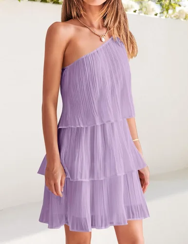 Vista 3 de ZESICA Vestido corto bohemio de verano para mujer, con un hombro, sin mangas, con volantes, escalonado, de gasa, plisado, acampanado, para mujer