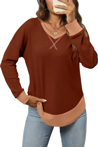 Vista 2 de Bofell Sudadera para mujer 2023, bloque de color, cuello en V, manga larga, trajes de otoño a la moda