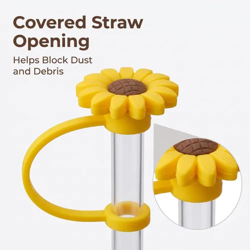 Vista 6 de Tapón de paja de girasol, tapones reutilizables a prueba de salpicaduras, herramienta de cocina, puntas de paja, cubierta de silicona, accesorio