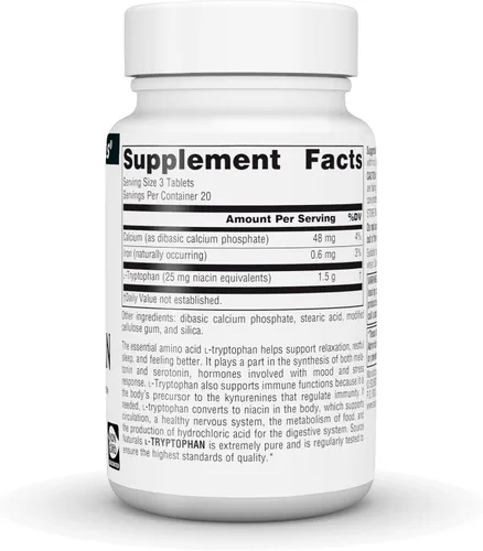Vista 3 de Source Naturals L-triptófano, para el estado de ánimo, la relajación y el sueño*, 500 mg - 60 tabletas