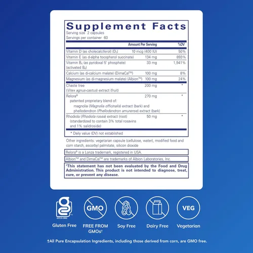 Vista 2 de Pure Encapsulations PMS Essentials Suplemento hipoalergénico que apoya la comodidad menstrual, la fatiga y ayuda a disminuir los antojos* 120