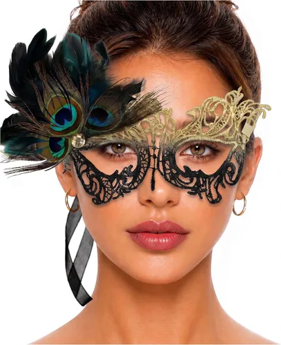 Vista 57 de Masquerade Mask For Women Lace Masquerade Mask for Masquerade Party, Proms, Venetian Party, Mardi Gras, Halloween & Cosplay Ana Bg Pluma de Pavo Real