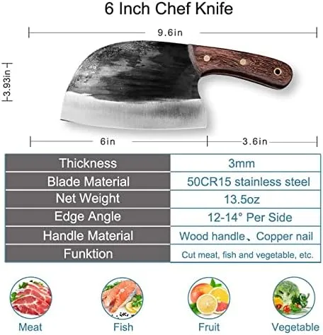 Vista 3 de Cuchillo de carne, 6 pulgadas forjado chino cuchillo de cocina cuchillo de carne 50cr15 acero inoxidable cuchillo de carnicero wengué mango