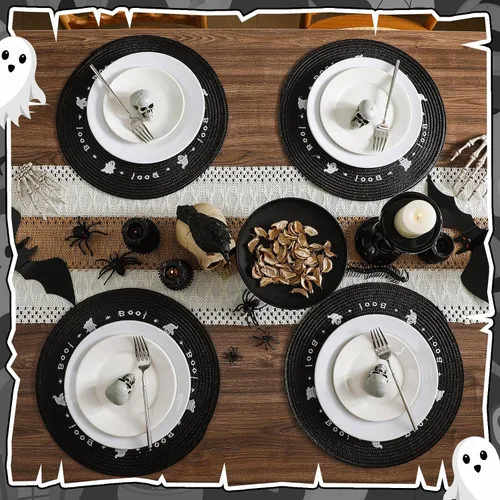 Vista 6 de Tioncy 6 manteles individuales de plástico para Halloween, redondos, bordados, fantasmas, 13.5 pulgadas, color negro, fantasmas espeluznantes, cena