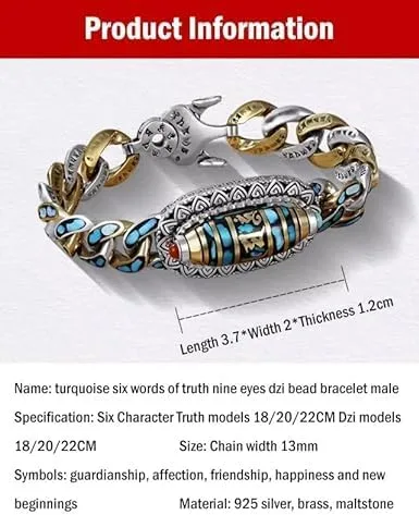 Vista 6 de UBALDI Turquesa Seis caracteres Mantra Nueve Ojos Dzi Bead Bracelet, Pulsera de cuentas de mantra de seis caracteres, Transferencia