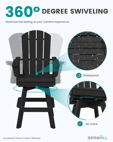 Vista 3 de SERWALL Silla de bar Adirondack giratoria de HDPE, taburetes de bar giratorios para exteriores, silla Adirondack de balcón para bistro, piscina