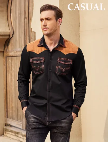 Vista 4 de COOFANDY Camisa vaquera occidental bordada de manga larga para hombre, ajustada, casual, de algodón, con botones, hippie, con bolsillos