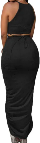 Vista 2 de Conjunto sexy de pollera larga de dos piezas, con división, sin mangas, algodón, para mujer