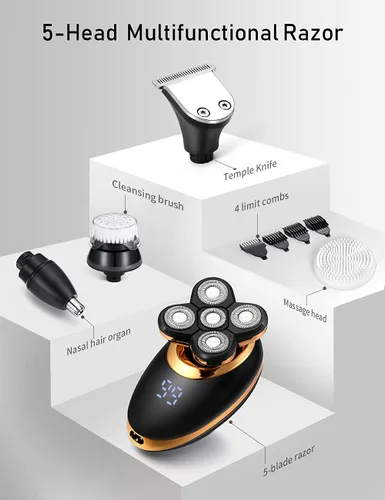 Vista 4 de Afeitadoras eléctricas para hombres, afeitadoras 5 en 1 de cabeza calva para hombres, 5D flotante inalámbrica, recargable, portátil, kit de aseo