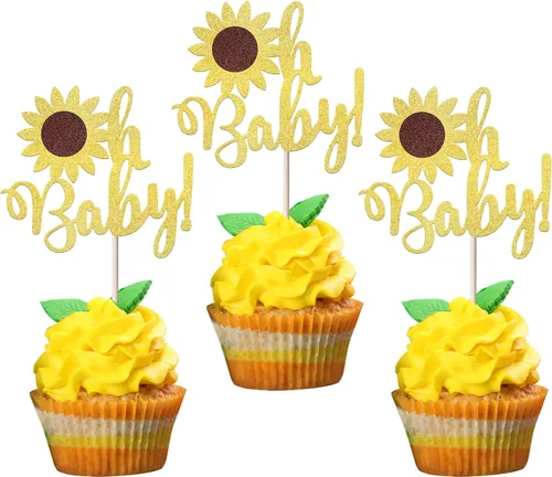 Vista 18 de 1 paquete de decoración de pastel de feliz cumpleaños con purpurina de girasol para pasteles, baby shower, niños, cumpleaños, verano, baby shower