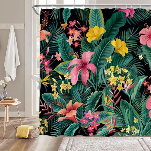Vista 3 de Cortina de ducha con diseño floral de plantas tropicales, palmeras verdes, hojas de plátano, flores rosas, selva botánica, naturaleza, cortina