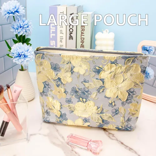 Vista 2 de Pazimiik Bolsa de maquillaje floral, grande, de algodón, con cremallera para bolsa de viaje, organizador de maquillaje de lona para mujeres