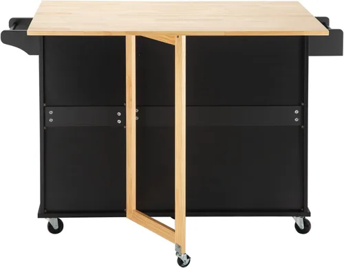 Vista 7 de Isla de cocina con mesa de madera de goma extensible, carrito de servicio móvil para microondas con estante de especias y asa, carrito grande