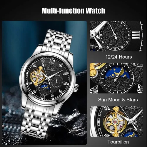 Vista 3 de RORIOS Reloj para hombre luminoso reloj mecánico automático con correa de acero inoxidable Tourbillon impermeable relojes de pulsera