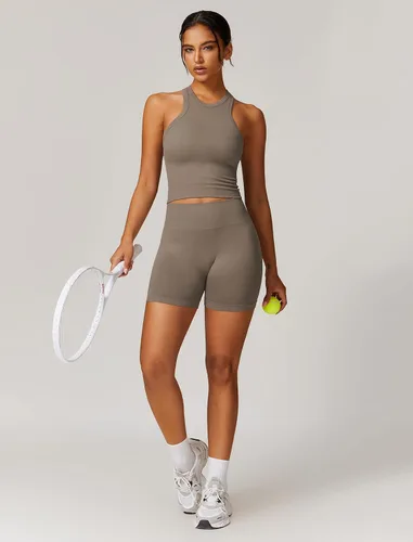 Vista 38 de Conjuntos de entrenamiento para mujer, 2 piezas, sin costuras, acanalada, sin mangas, brasier deportivo, cintura alta, pantalones cortos