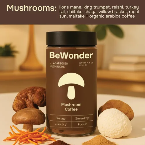 Vista 4 de Café de hongos – 9 hongos adaptogénicos – Melena de león orgánica, Chaga, Reishi, cola de pavo, café instantáneo – para claridad, enfoque, energía
