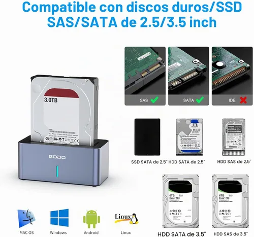 Vista 4 de GODO Adaptador de estación de acoplamiento para disco duro SAS/SATA, Caja externa SAS USB 3.0 de 2.5/3.5 pulgadas, convertidor HDD SSD con adaptador