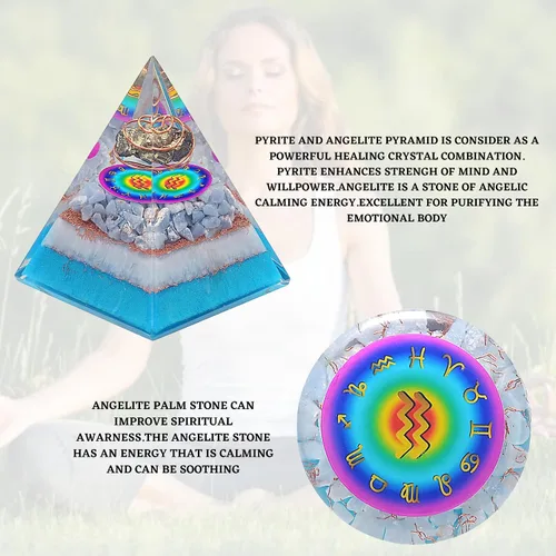 Vista 7 de Juego de pirámide de orgón y piedra de palmera de horóscopo, cristal curativo de acuario, signo del zodiaco, hecho de pirita y angelita para calma
