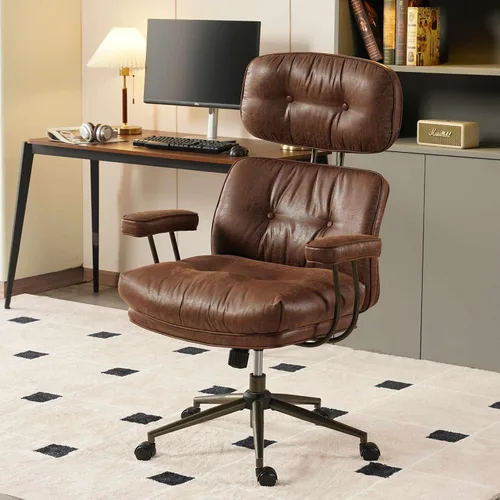 Vista 10 de Silla de oficina ergonómica para grandes y altos, silla ejecutiva moderna de mediados de siglo con soporte lumbar, respaldo alto, cojín grueso, piel