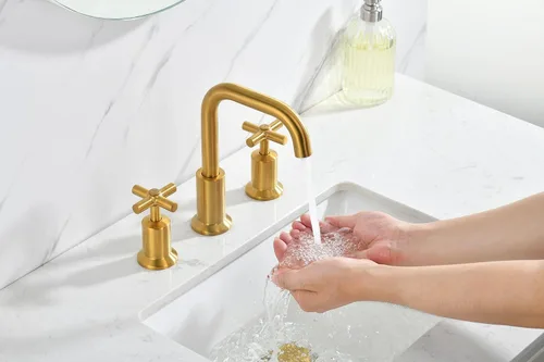 Vista 6 de Grifo de baño generalizado de dos manijas, grifos de baño para fregadero de 3 agujeros con drenaje emergente push up, 2 manijas, grifo de fregadero
