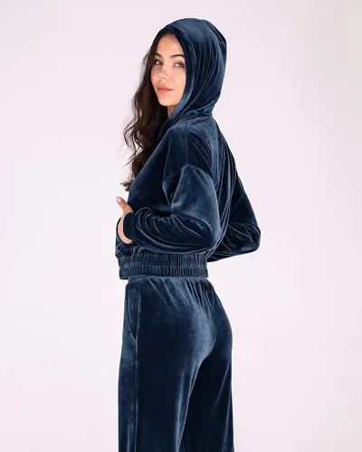 Vista 2 de ODODOS Conjunto de 2 piezas de terciopelo para mujer, sudadera con capucha y pantalones de cintura alta con cremallera