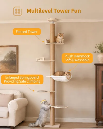 Vista 3 de Aechonow 9.8ft Floor to Ceiling Cat Tree for Large Cats, 5-Tier Cat Tower Adjustable Height(88-119 in), Cozy Hammock, Multi-Level Perches, Modern