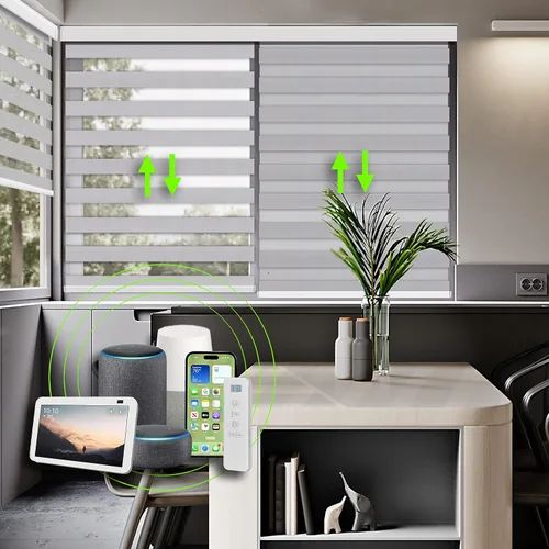 Vista 7 de Persianas enrollables con filtro de luz motorizadas de cebra/roller – Serie RAVENWOOD-B502, persianas inteligentes para ventanas con control remoto