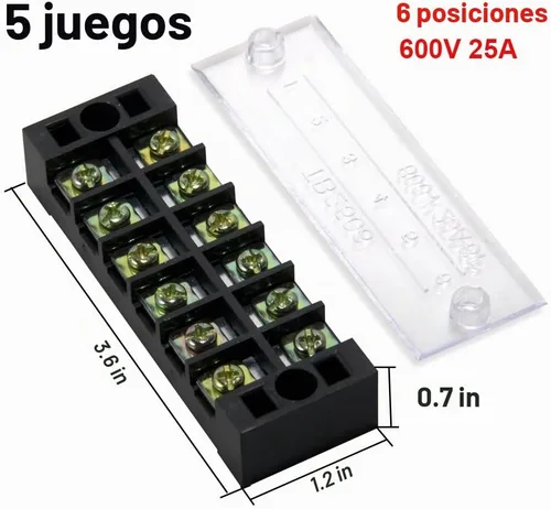 Vista 2 de 10 piezas (5 juegos) Bloques de tira de terminal de tornillo de 6 posiciones de doble hilera 600 V 25 A con cubierta + tira de barrera de terminales