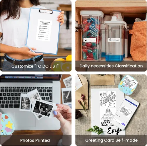 Vista 6 de Mini impresora portátil de calcomanías, mini impresora térmica con 3 rollos de papel, cápsulas de impresión sin tinta Bluetooth, etiquetadora