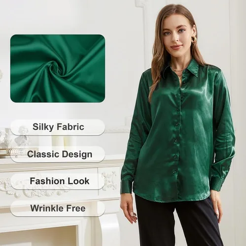 Vista 3 de Damipow Camisas de satén con botones de seda para mujer, camisas de vestir de manga larga, camisas para mujer
