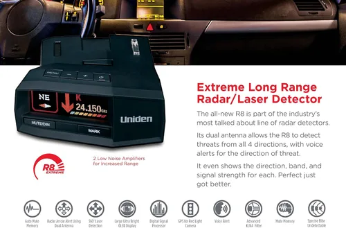 Vista 8 de UNIDEN R8 Extreme - Detector láser de radar de largo alcance, doble antenas frontal y trasera con flechas direccionales, GPS integrado con alertas