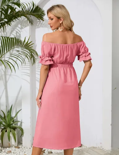 Vista 6 de KOJOOIN Vestido de maternidad de manga corta con hombros descubiertos para mujer, vestido de verano casual con volantes, vestido midi fluido