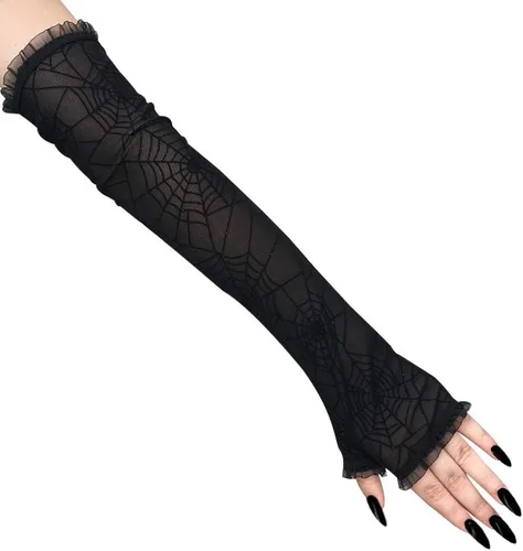 Vista 3 de Soochat Guantes sin dedos de encaje de telaraña de Halloween, Negro