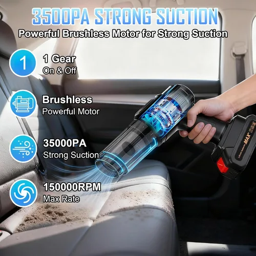 Vista 2 de Gharial Aspiradora de aire de mano para automóvil, aspiradora inalámbrica recargable de 35000 PA y plumero de aire, aspiradora de mano de alta