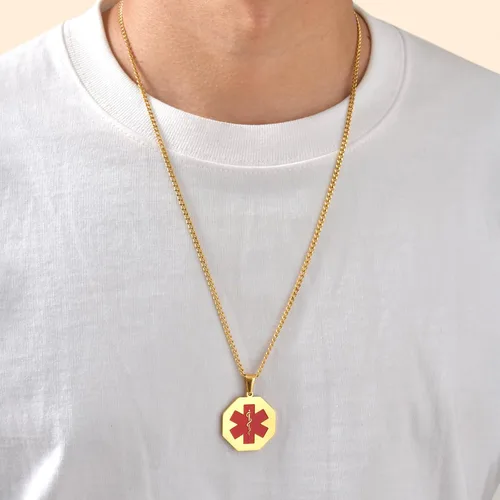 Vista 133 de VNOX Collar con colgante personalizado de acero inoxidable con grabado personalizado para identificación de alerta médica de emergencia para hombres
